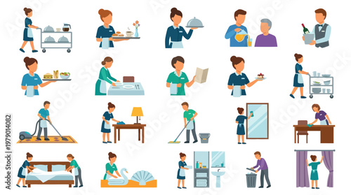 Hotel Staff Performing Various Duties, Flat Design Vector