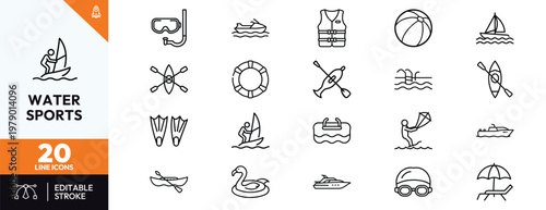 Comprehensive Water Sports and Summer Beach Activities Icon Set featuring Snorkeling Surfing Kayaking Sailing and Swimming Equipment for Outdoor Recreation Design