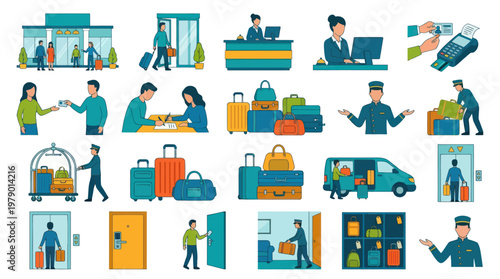 Hotel Service Flat Design Icons: Travel, Luggage, Staff, and Transport