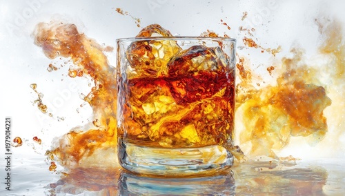 A glass of amber liquid with ice cubes, surrounded by splashing liquid and white backdrop