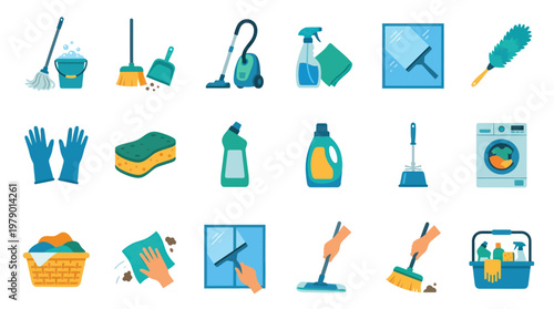 Flat Vector Cleaning Icons Set with Housework Tools and Supplies