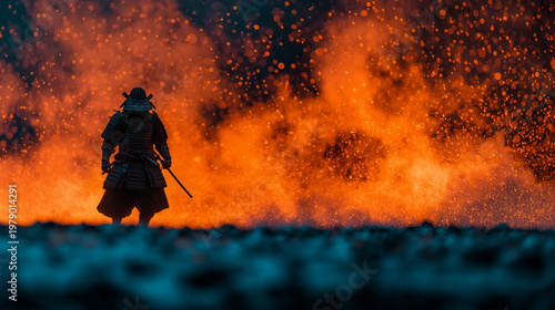 燃え盛る火の粉の中に佇む鎧姿の侍 全身 シルエット