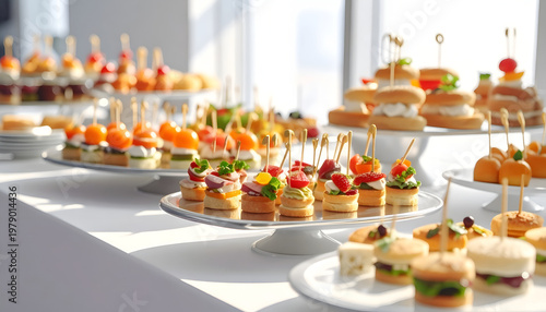 An elegant buffet display showcases a variety of colorful and artfully arranged canapés and miniature desserts.