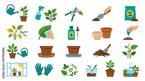 Gardening Tools and Plants Flat Icons Set