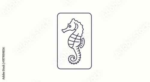 Minimalist Line Art Seahorse Icon Inside Rectangle Frame, Simple Nautical Marine Life Vector