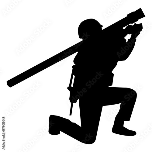 Soldier crouching on one knee while aiming a portable air defense missile system. Flat vector ideal for military tactical gear theme.