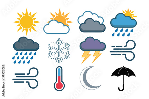 Weather icon set with sun clouds rain snow storm wind moon and umbrella on white background.