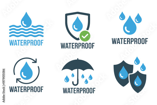 Liquid resistance icons with blue water droplets umbrella and protective shield label design.