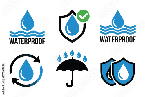 Waterproof labels and protection badges with water drops shield and umbrella graphic icons.