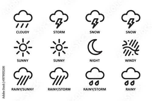 Weather icons in outline and filled style for forecast graphic design.