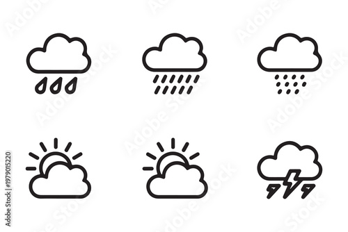 Weather icons with rain, sun and storm for weather forecast design.