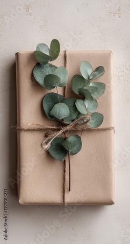 A wrapped rectangular gift is adorned with eucalyptus on a textured, light-toned backdrop