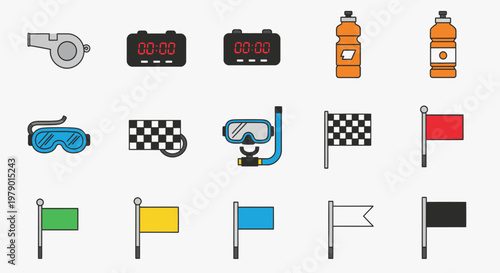 A collection of sports equipment and racing flags, including whistles, stopwatches, water bottles, goggles, snorkel masks, and various colored flags.