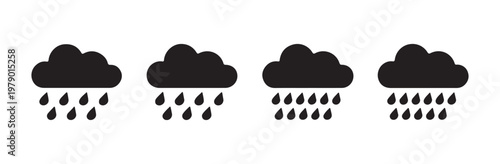 Weather forecast raining cloud icons set isolated on white for meteorology report graphics.