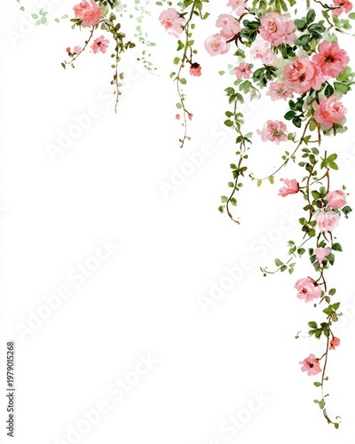 Watercolor illustration of pink roses cascading down with green vines on a white background