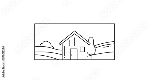 Minimalist Line Art House in Rolling Hills Landscape
