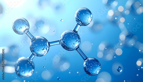 A detailed, shimmering 3D rendering showcases a water molecule suspended against a blurred, bright blue background, highlighting its atomic structure and crystalline appearance.