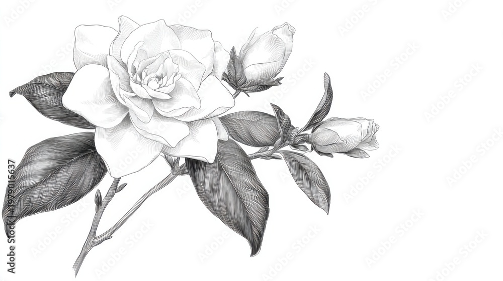 Obraz premium Detailed Pencil Illustration of a Beautiful White Flower and Buds