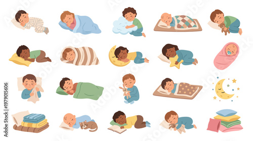 Diverse Kids Sleeping Flat Vector Illustration Set for Childhood and Health Themes