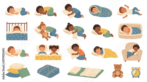 Diverse Sleeping Children Flat Vector Illustration Set for Childcare
