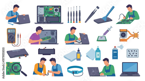 Computer Repair Service Flat Vector Icons Set - Technology Maintenance