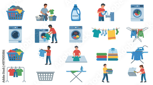 Flat Design Laundry Icons Set with Washing Machine, Clothes Basket, Ironing