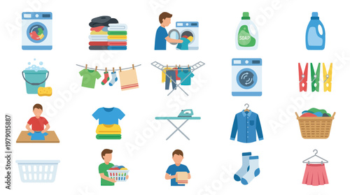 Flat Icons of Laundry and Washing Machine, Clothes Care, Household Chores