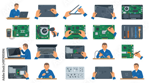 Computer repair and laptop maintenance vector illustration service