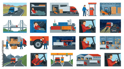 Trucking Logistics Flat Illustration Set: Driver, Cargo  Delivery Transportation Scenes