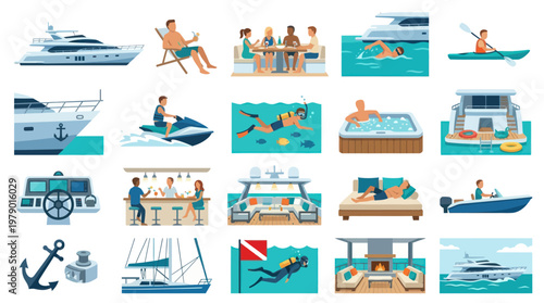 Flat Vector Illustration of Marine Boating and Yachting Lifestyle Activities Set