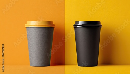 Two tall, paper coffee cups with lids against vibrant orange & yellow backgrounds