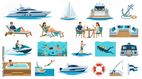 Flat Illustration Set: Maritime Boating  Water Recreation Activities  Luxury Yachting