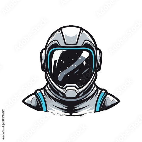 Astronaut wearing a space helmet with a starry night sky reflection.