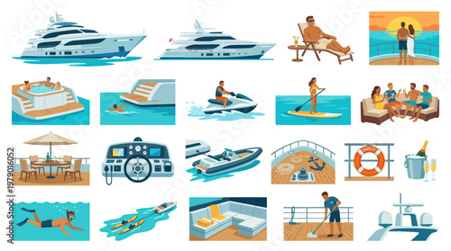 Luxury Yachting and Boating Flat Vector Icons Set. Marine Lifestyle Activities and Vacation Elements