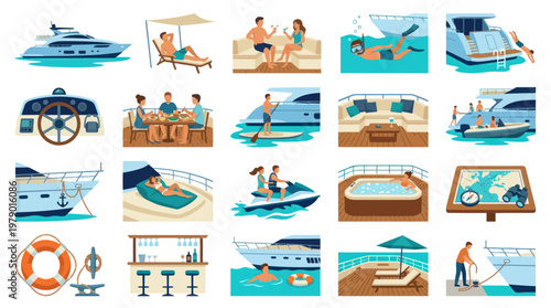 Luxury Yachting and Marine Leisure Flat Vector Illustration Set