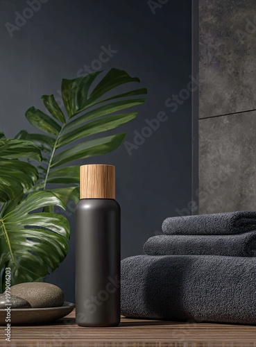 A dark grey bottle with wooden cap, towels, foliage, and stone accents