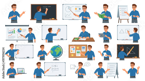 Flat Vector Cartoon Education Male Teacher Character Set in Various Teaching Poses