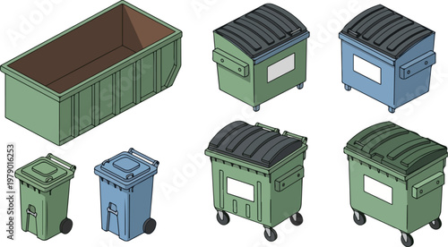 Isometric illustration of a dumpster vector set, including various trash receptacle designs for waste management
