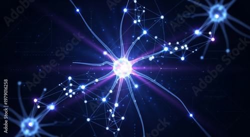 Glowing neural network connections with bright nodes and lines on dark background representing ai and technology