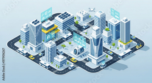 Isometric cityscape with modern skyscrapers and roads on a light blue background featuring a futuristic urban landscape with sleek buildings cars and green spaces conveying