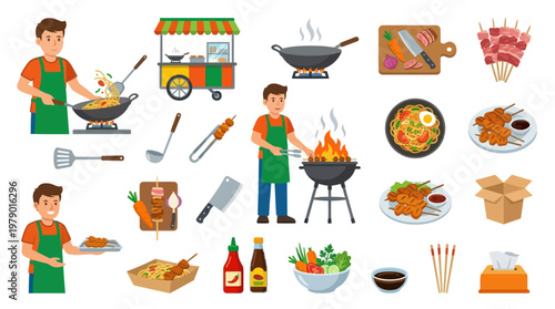 Flat Vector Food  Cooking Set: Street Food, BBQ, Asian Cuisine, Chefs  Culinary Elements