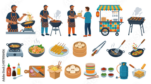 Flat Vector Asian Street Food Elements Set with Chefs, Cooking Utensils and Cuisine