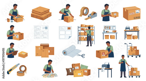 Logistics and Shipping Flat Vector Illustration Set: Packing, Boxes, Delivery, Warehouse