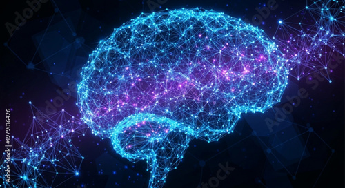 Glowing digital brain network with vibrant purple and blue connections on dark background representing ai neuroscience and technology