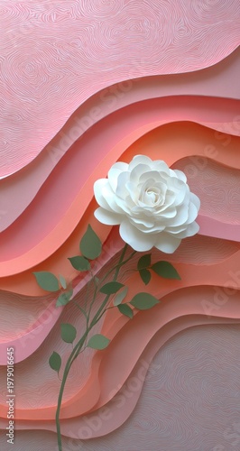 White paper rose with green stem and leaves against layered peach and pink background