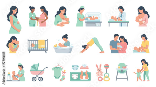 Flat Design Illustrations of Pregnancy, Motherhood, and Baby Care