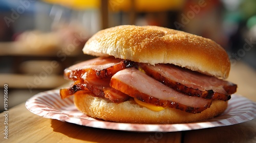 Peameal Bacon, traditional Toronto Canadian bacon, thick slices of water-cured pork loin rolled in yellow cornmeal, grilled with golden crispy crust