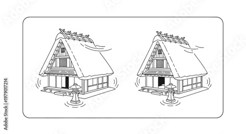 Japanese Traditional Gassho-zukuri Farmhouse Illustration, Twin View