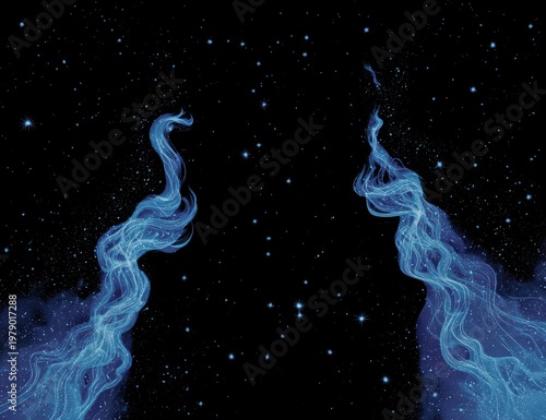 Abstract image of swirling blue smoke plumes ascending into a starry night sky
