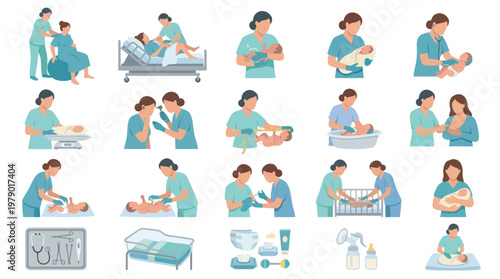 Medical Midwifery and Newborn Care Flat Illustration Set